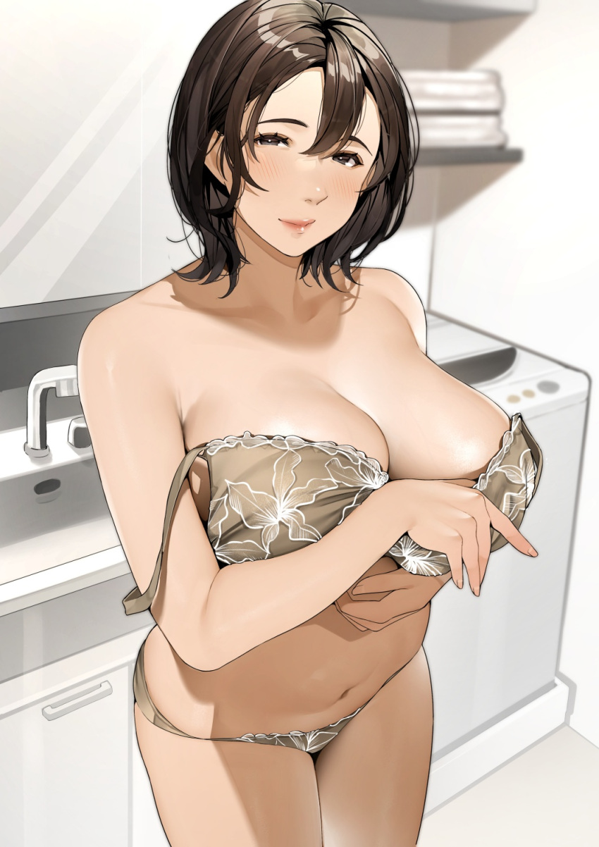 1girl a_(phrase) bare_arms bare_shoulders blurry blush bra breast_hold breasts brown_bra brown_eyes brown_hair brown_panties cleavage cowboy_shot depth_of_field faucet floral_print hair_between_eyes highres indoors large_breasts lips looking_at_viewer mature_female navel original panties sakura_no_tomoru_hi_e short_hair smile solo standing stomach strap_slip thighs underwear underwear_only undressing washing_machine