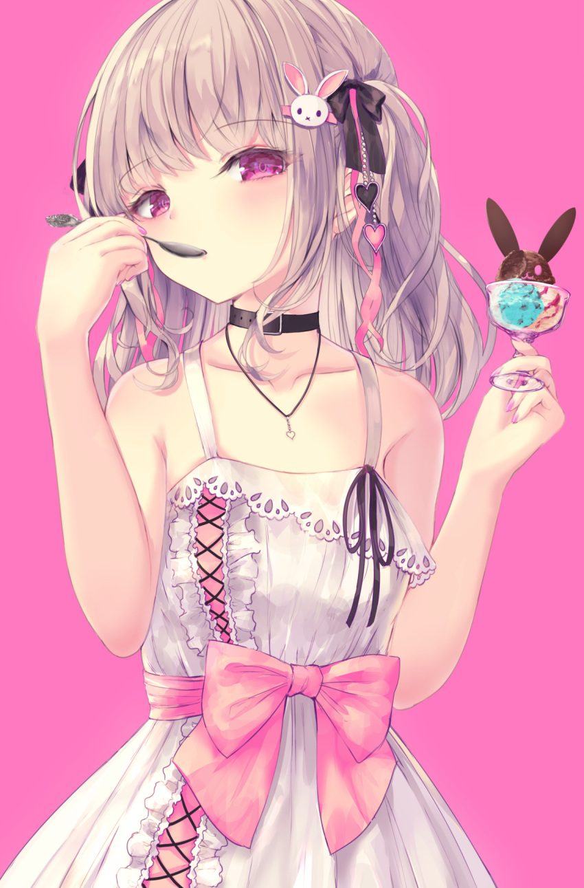 1girl animal bangs black_bow black_collar black_ribbon blonde_hair blush bow chocolate collar collarbone dress eating food hair_ornament hairclip hands_up heart heart_necklace highres ice_cream ice_cream_cup jewelry looking_at_viewer missile228 nail_polish necklace original pink_background pink_bow pink_eyes pink_heart pink_nails rabbit ribbon ribbon-trimmed_dress simple_background solo spoon twintails utensil_in_mouth