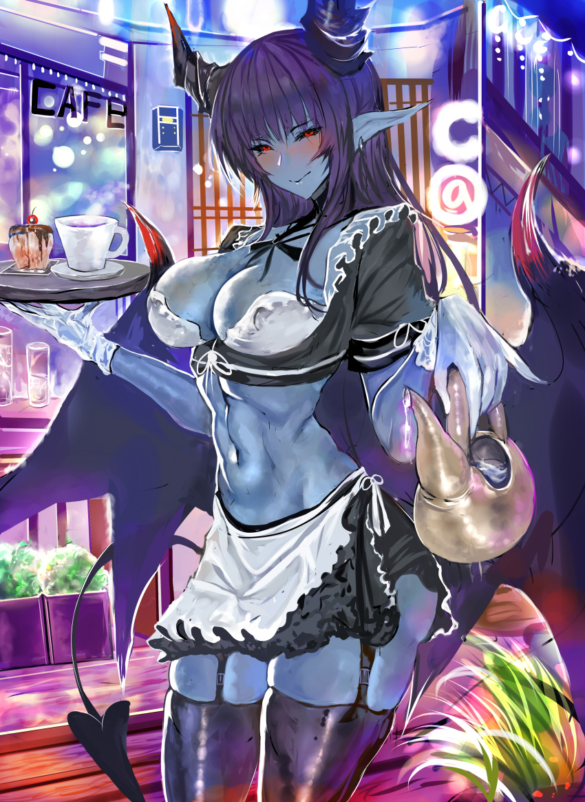1girl absurdres apron black_hair black_horns black_sclera black_tail black_wings blue_skin blush breasts cafe coffee_pot colored_sclera colored_skin commission cowboy_shot demon demon_girl demon_horns demon_tail demon_wings english_commentary highres horns large_breasts long_hair maid maid_apron maid_cafe monster_girl navel olalehee original plant pointy_ears tail thighs tray waitress wide_hips wings