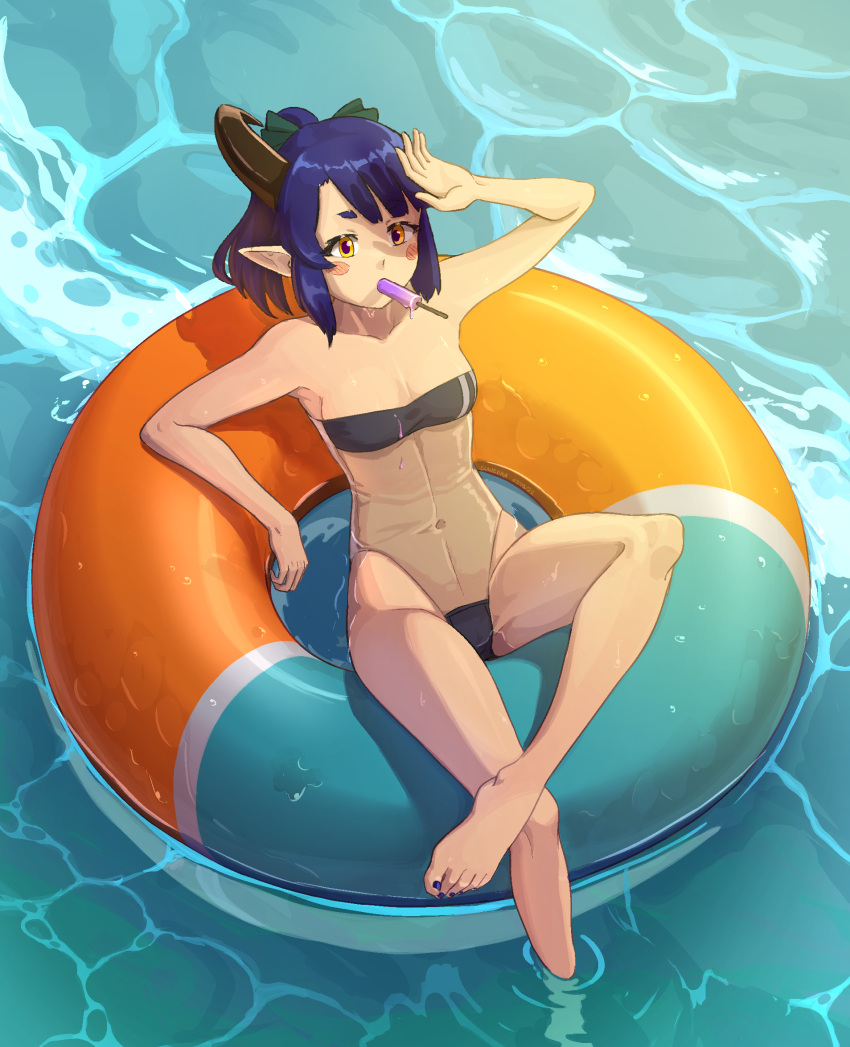 1girl barefoot black_nails blush_stickers breasts gris_swimsuit highres horns innertube meme_attire navel one-piece_swimsuit original pointy_ears purple_hair shading_eyes single_horn small_breasts solo strapless strapless_swimsuit suweeka swimsuit toenails water yellow_eyes