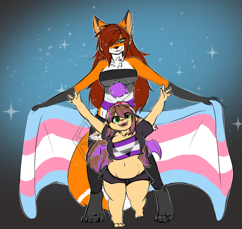 2021 anthro asexual_pride_colors bat_wings big_breasts breasts brown_hair canid canine cat_(catldr24) chest_tuft clothed clothing duo female final_fantasy flag fox fur green_eyes hair hair_over_eye holding_flag holding_object lapinousmalice lgbt_pride looking_at_viewer mammal membrane_(anatomy) membranous_wings moogle one_eye_obstructed orange_body orange_fur pride_colors raised_arms red_fox red_hair sefris short_stack smile square_enix standing transgender_pride_colors tuft video_games wings