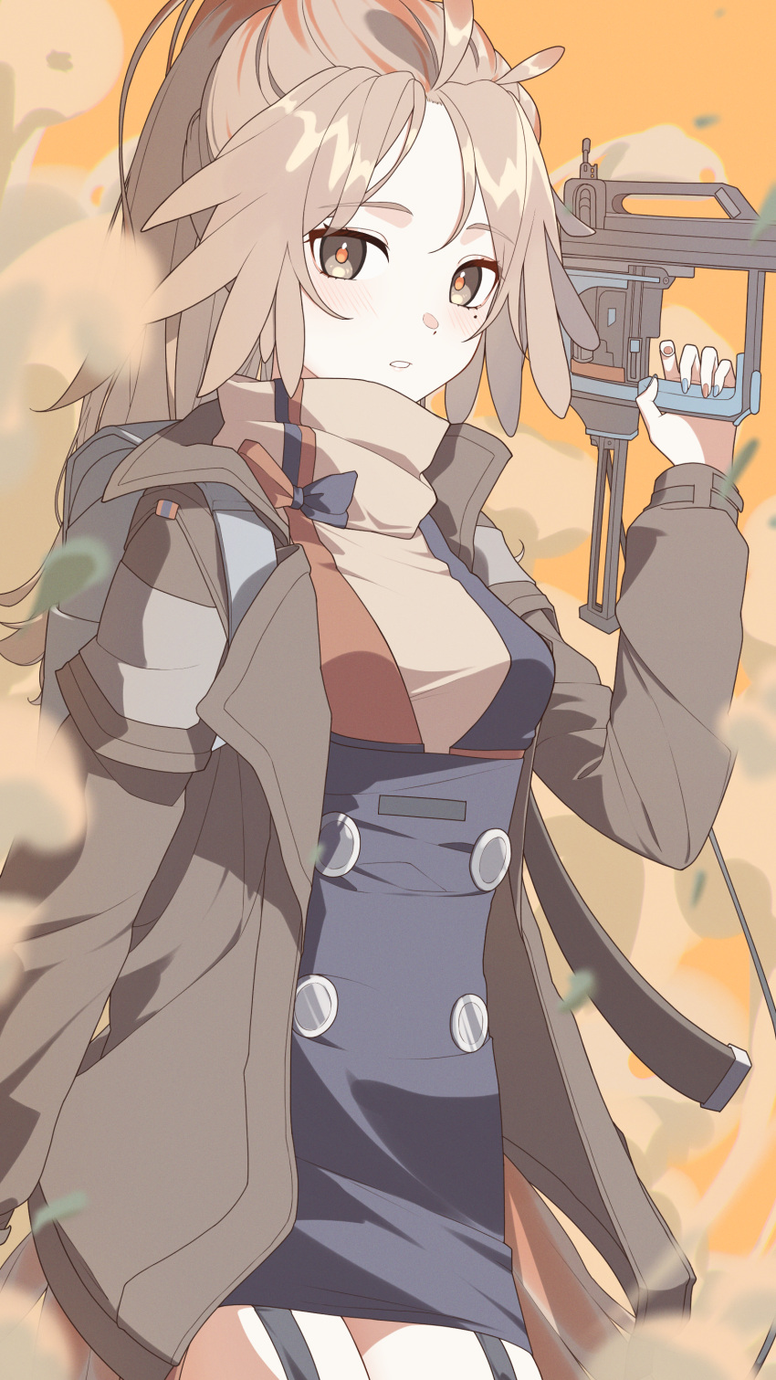 1girl absurdres arknights bad_id bad_twitter_id blue_skirt blurry bow brown_hair brown_jacket brown_sweater buttons commentary cowboy_shot depth_of_field feather_hair garter_straps gun hand_up highres holding holding_gun holding_weapon jacket long_hair looking_at_viewer mole mole_under_eye nail_gun open_clothes open_jacket orange_bow orange_eyes pinecone_(arknights) ponytail shoujo_l skirt solo sweater weapon