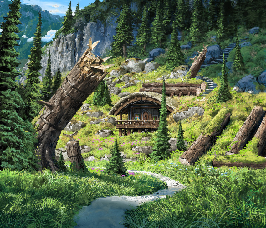 absurdres arch bird blue_flower blue_sky cabin commentary day door espen_olsen_saetervik flower forest grass highres mountain mountainous_horizon nature no_humans original path rock scenery sky stained_glass stairwell tree wood wood_art