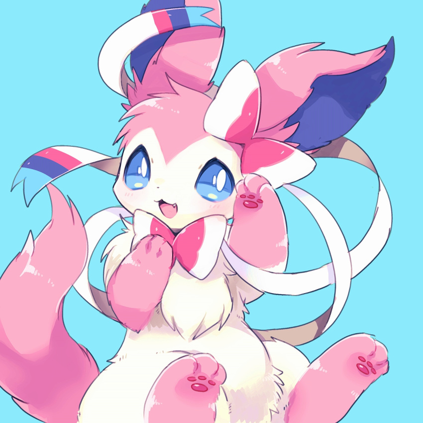 1:1 3_toes ambiguous_gender blue_background blue_eyes blue_inner_ear bow_(feature) chest_tuft colored cute_fangs digital_media_(artwork) ear_bow eeveelution feet feral fluffy fluffy_tail front_view fur hi_res hindpaw kemono leg_markings looking_at_viewer mammal markings monotone_ears monotone_tail multicolored_body multicolored_fur neck_bow nintendo no_sclera open_mouth open_smile pawpads paws pink_body pink_ears pink_fur pink_pawpads pink_tail pok&eacute;mon pok&eacute;mon_(species) portrait pupils quadruped ribbons shaded simple_background sitting smile socks_(marking) solo suppainu sylveon three-quarter_portrait three-quarter_view toes tuft two_tone_body two_tone_fur video_games white_body white_fur white_pupils white_ribbon