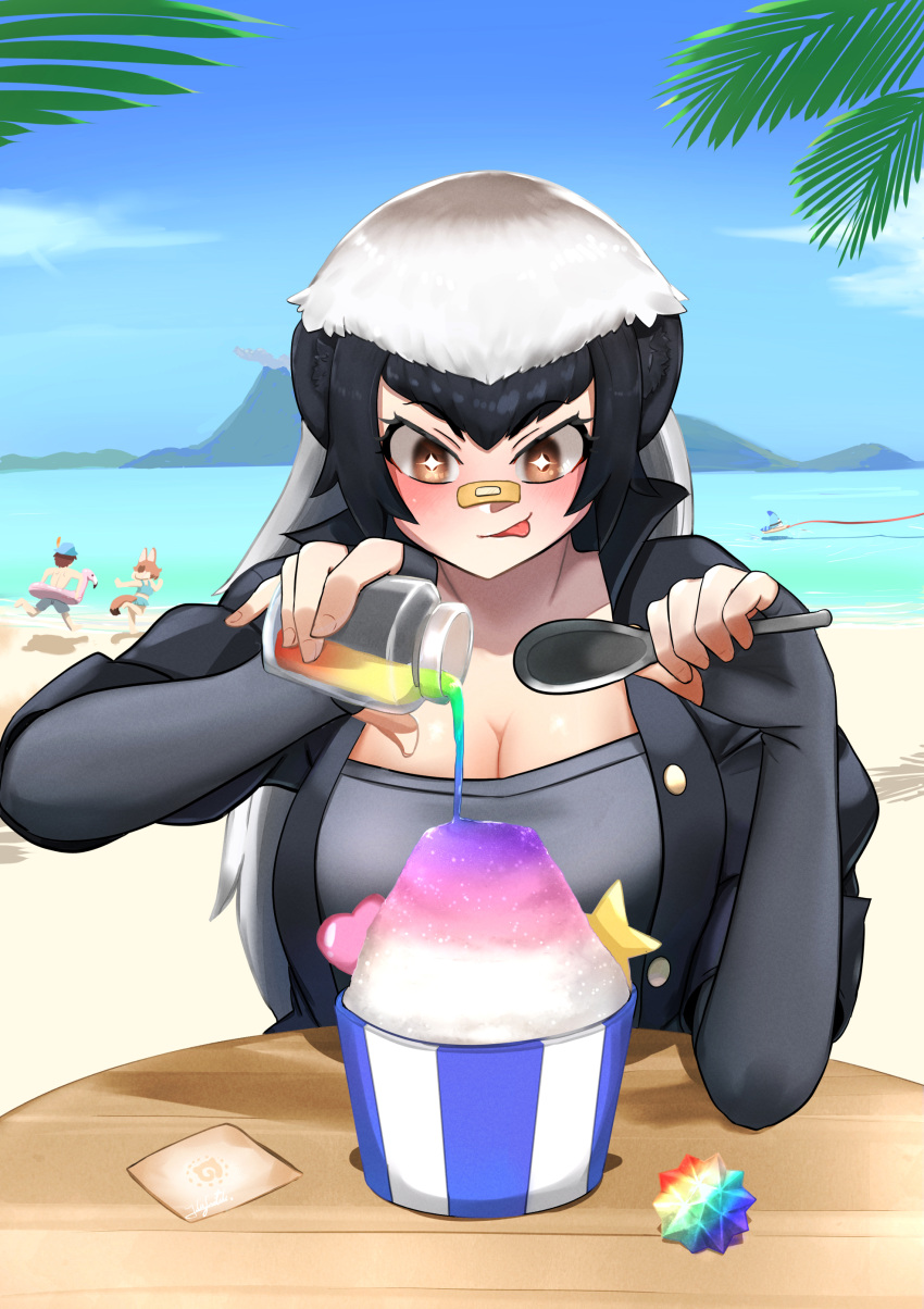 1boy 2girls absurdres badger_ears bandaid bandaid_on_face bandaid_on_nose beach bikini black_hair blue_bikini blue_sky breasts bucket_hat captain_(kemono_friends) cleavage cloud day food hat hat_feather highres holding holding_spoon huge_breasts ice_cream_cup innertube john_(a2556349) kemono_friends kemono_friends_3 lucky_beast_(kemono_friends) multicolored_hair multiple_girls ocean palm_tree ratel_(kemono_friends) sand sandstar shaved_ice shore sky spoon swimsuit tree two-tone_hair volcano water white_hair