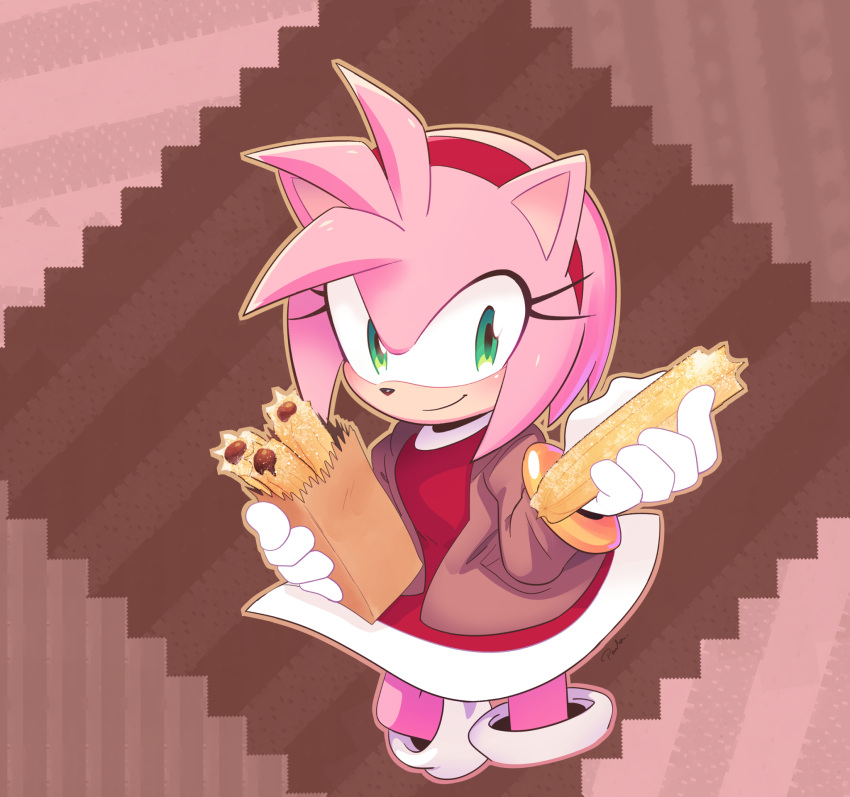 1girl amy_rose animal_ears bag brown_bag brown_jacket churro drawloverlala dress eyelashes food gloves green_eyes hairband hedgehog_ears highres jacket looking_at_viewer pink_fur red_dress red_hairband smile solo sonic_(series) white_gloves