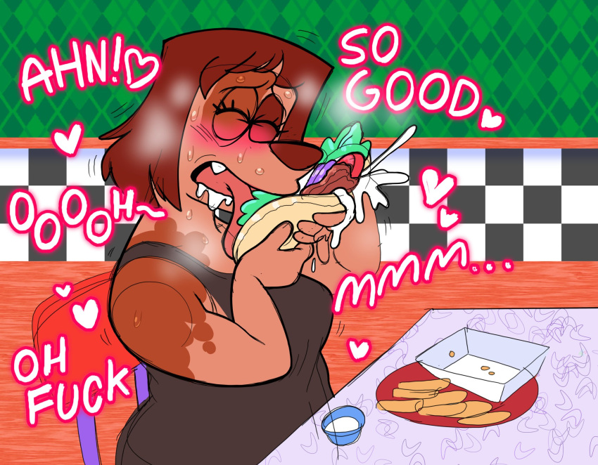&lt;3 2022 anthro blush bodily_fluids canid canine canis domestic_dog drooling female food food_fetish galactabee gyro_(food) hi_res humor licking licking_food looking_pleasured mammal moan nikki_(galactabee) saliva solo suggestive suggestive_food tongue tongue_out