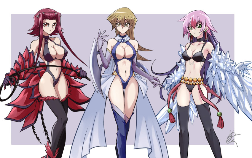 3girls alternate_costume arm_blade bangs bare_shoulders bikini black_rose_dragon black_rose_dragon_(cosplay) blonde_hair breasts brown_eyes chaya_mago choker cleavage collarbone cosplay earrings elbow_gloves feet_out_of_frame gloves green_eyes hair_between_eyes hair_ornament hair_tubes hand_up harpie_dancer harpie_dancer_(cosplay) harpie_queen harpie_queen_(cosplay) high_heels highres holding holding_whip izayoi_aki jewelry kachi_kochi_dragon kachi_kochi_dragon_(cosplay) large_breasts luna_(yu-gi-oh!_zexal) multiple_girls navel one-piece_swimsuit red_hair sandals scarf shoes short_hair_with_long_locks sidelocks signature simple_background single_earring standing stomach swimsuit tenjouin_asuka thighhighs weapon yellow_eyes yu-gi-oh! yu-gi-oh!_5d's yu-gi-oh!_gx yu-gi-oh!_zexal