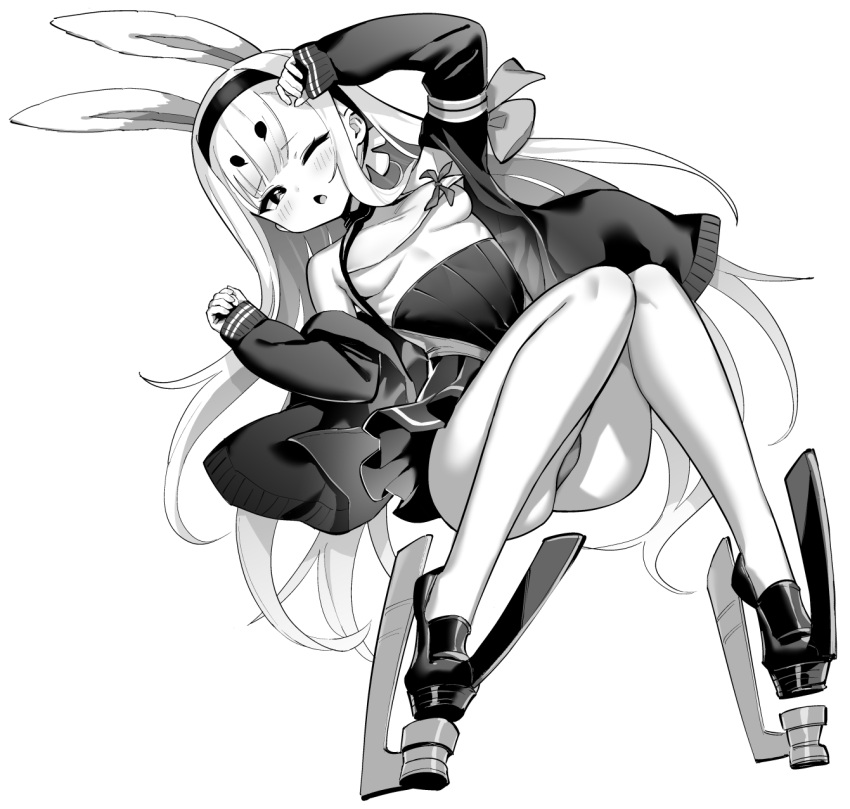 1girl animal_ears azur_lane azur_lane:_slow_ahead bare_shoulders blush breasts full_body greyscale headband highres hori_(hori_no_su) jacket knees_together_feet_apart long_hair monochrome one_eye_closed open_clothes open_jacket open_mouth pleated_skirt rabbit_ears rabbit_girl shimakaze_(azur_lane) skirt sleeves_past_wrists small_breasts underboob