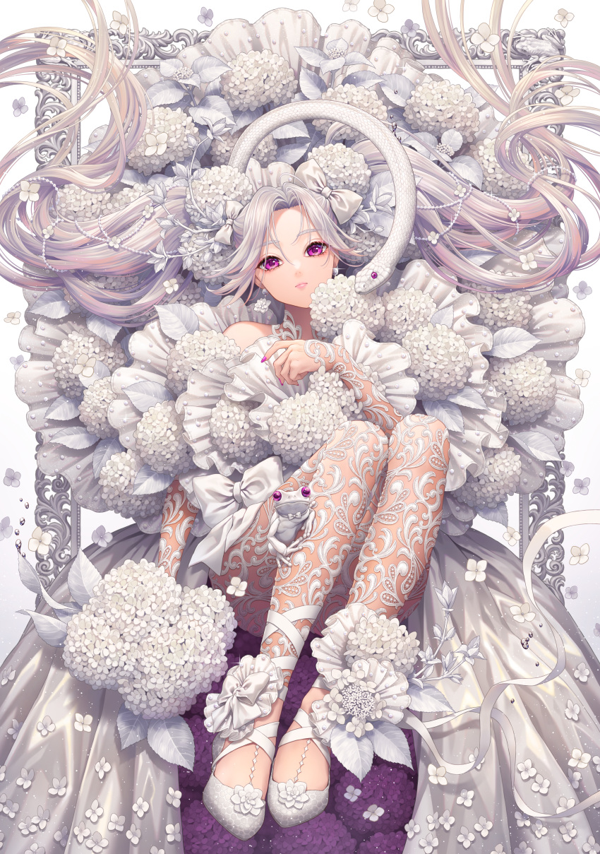 1girl absurdres animal_ears bow earrings flower flower_earrings frog hair_bow highres hydrangea jewelry knees_up long_hair looking_at_viewer minami_(minami373916) original purple_eyes purple_flower purple_nails snake solo very_long_hair white_bow white_flower white_footwear