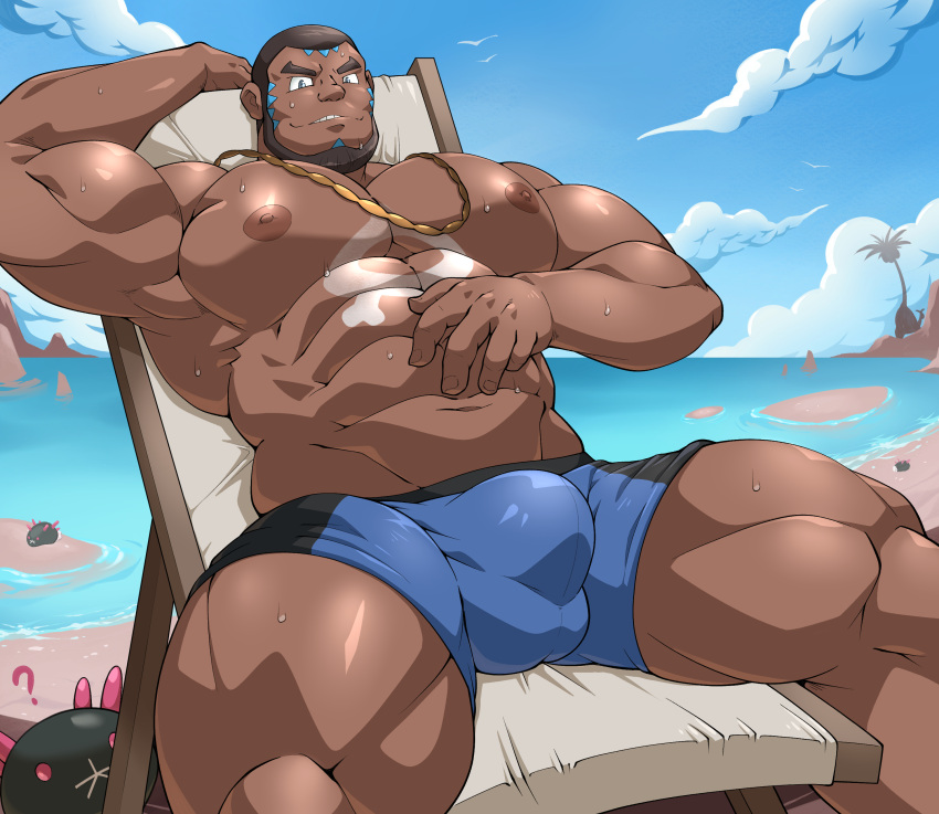 abs absurdres bara dark-skinned_male dark_skin highres maldu_(chokeylover) male_swimwear matt_(pokemon) muscular muscular_male