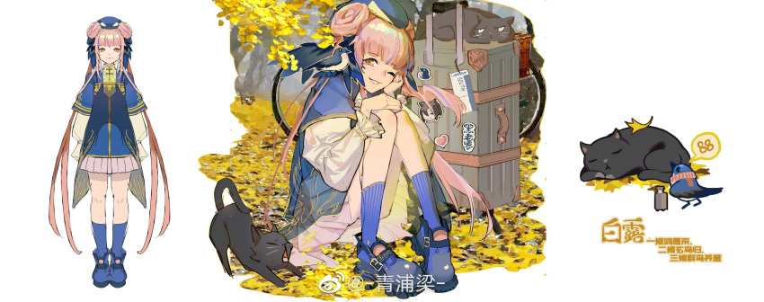 1girl animalization arknights bird black_cat blue_footwear blue_hair blue_headwear blue_shirt blue_socks bluebird cameo cat ceylon_(arknights) chinese_text double_bun feather_hair full_body hair_bun hat head_rest heart highres knees_up leaf long_hair long_sleeves looking_at_viewer multicolored_hair one_eye_closed parted_lips pink_hair pink_skirt pleated_skirt qingpu_liang schwarz_(arknights) shirt shoes sitting skirt smile speech_bubble sticker streaked_hair stretch suitcase two-tone_hair weibo_logo weibo_username white_background yellow_eyes