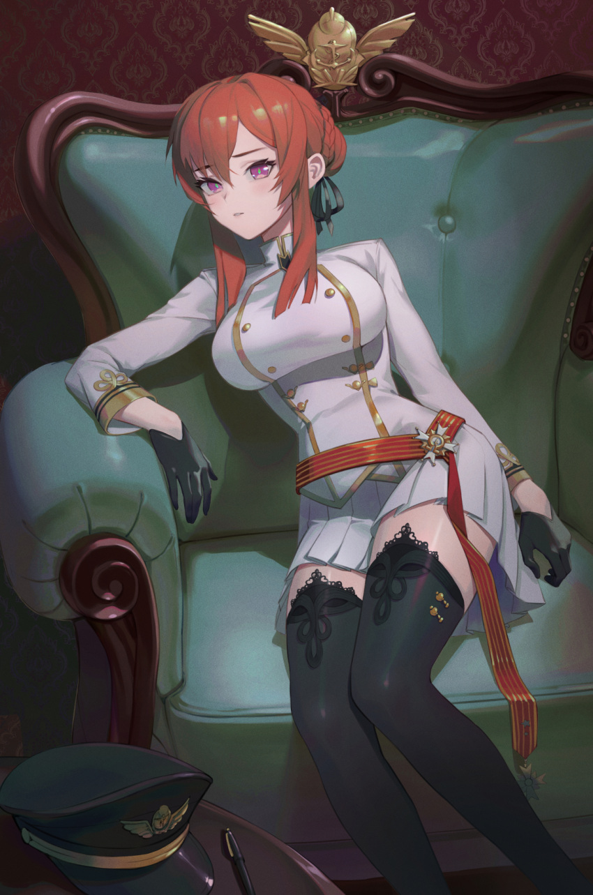 1girl armchair azur_lane bangs black_gloves black_headwear black_legwear breasts chair closed_mouth feet_out_of_frame gloves guihuo_inferno hair_ribbon hat hat_removed headwear_removed highres long_hair looking_at_viewer medium_breasts monarch_(azur_lane) peaked_cap pen purple_eyes red_hair ribbon sitting skirt solo table thighhighs uniform white_skirt white_uniform