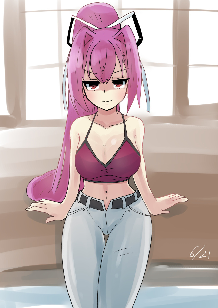 absurdres belt breasts camisole cleavage crop_top denim fpskarten highres jeans large_breasts midriff navel open_fly pants ponytail red_camisole red_hair sitting smile under_night_in-birth white_pants yuzuriha_(under_night_in-birth)