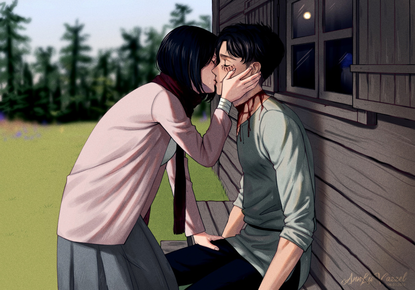 1boy 1girl annlu_vazzel artist_name bench black_hair blurry brown_hair brown_skirt cabin crying depth_of_field eren_yeager facial_mark grass hetero highres kiss light_bulb medium_hair mikasa_ackerman red_scarf scarf shingeki_no_kyojin signature sitting skirt sleeves_rolled_up slit_throat streaming_tears tears tree window