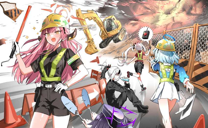 5girls armband arona_(blue_archive) aru_(blue_archive) black_hair blue_archive blue_hair boots clipboard construction_site controller demon_horns excavator explosion fanning fence gloves halo hand_fan haruka_(blue_archive) helmet highres holding holding_fan horns kayoko_(blue_archive) long_hair multicolored_hair multiple_girls mutsuki_(blue_archive) pen pink_hair pleated_skirt remote_control ryoma_(rym_369) short_hair short_shorts shorts side_ponytail skirt traffic_cone vest white_hair white_skirt yellow_eyes