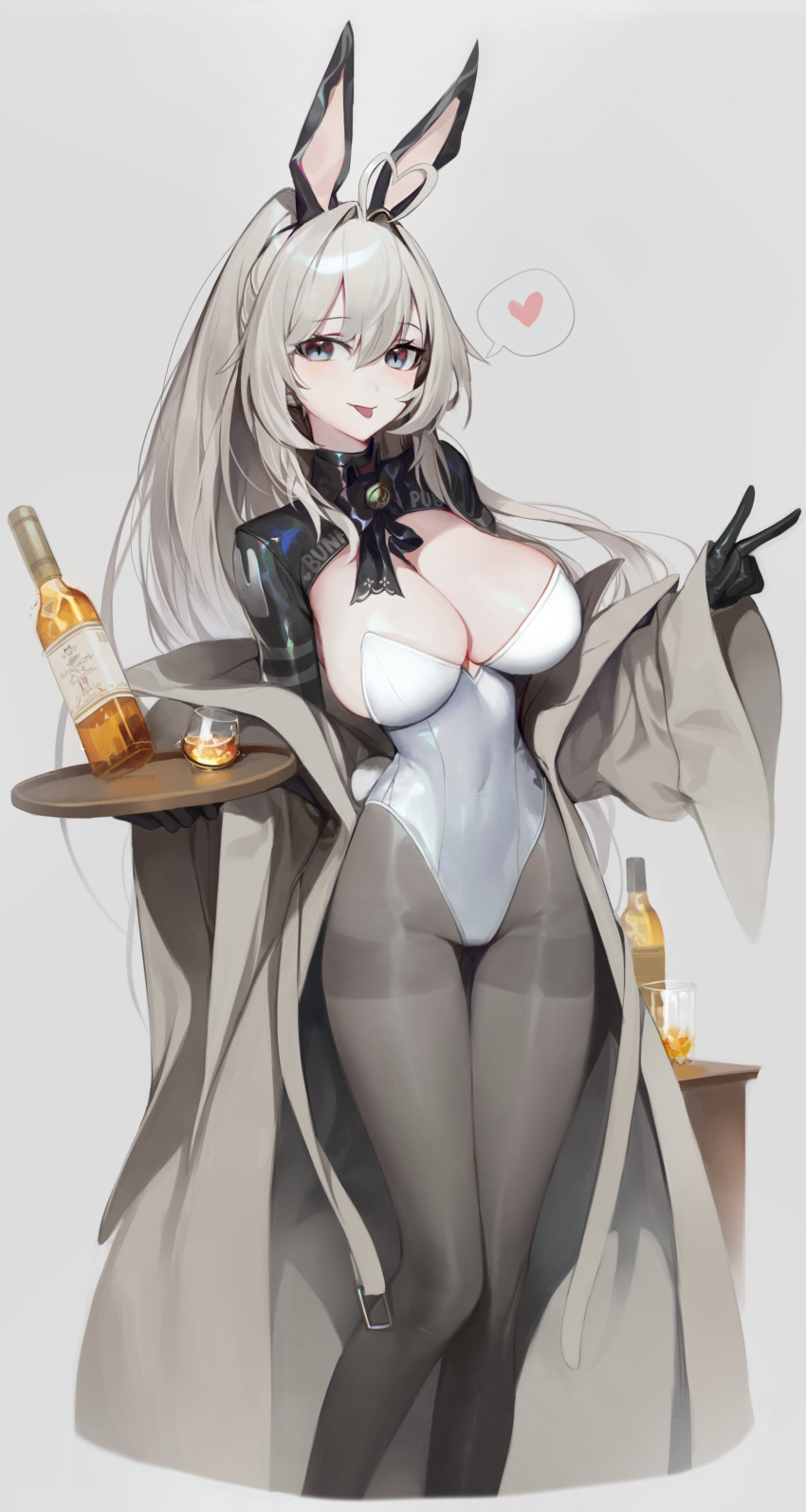1girl :p absurdres ahoge alcohol animal_ears bangs bell black_gloves black_legwear blonde_hair blue_eyes blush breasts brown_coat chyan cleavage coat cropped_legs drink fake_animal_ears glass gloves grey_background hair_between_eyes heart heart_ahoge highleg highleg_leotard highres holding holding_tray large_breasts legs leotard long_coat long_hair long_sleeves looking_at_viewer neck_bell off_shoulder original pantyhose playboy_bunny rabbit_ears shrug_(clothing) sidelocks simple_background solo speech_bubble spoken_heart strapless strapless_leotard thigh_gap thighband_pantyhose tongue tongue_out tray turtleneck v whiskey white_leotard wide_sleeves