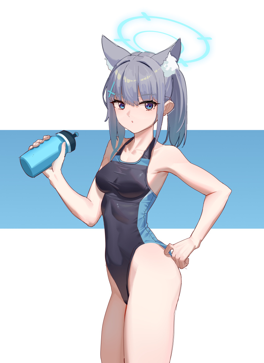 1girl :o absurdres adjusting_clothes adjusting_swimsuit animal_ear_fluff animal_ears bangs bare_arms bare_shoulders black_swimsuit blue_archive blue_background blue_eyes bottle breasts collarbone competition_swimsuit cowboy_shot cross_hair_ornament doufu_(pixiv9093484) grey_hair hair_ornament halo highres holding holding_bottle looking_at_viewer medium_breasts official_alternate_costume one-piece_swimsuit parted_lips shiroko_(blue_archive) short_hair short_ponytail sidelocks solo swimsuit thighs two-tone_background white_background wolf_ears