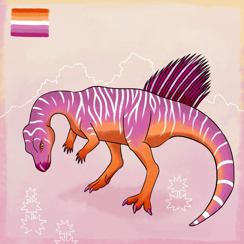 1:1 absurd_res ambiguous_gender beak biped claws dinosaur feral hi_res kutv lesbian_pride_colors lesothosaurus lgbt_pride looking_down orange_eyes pink_claws pride_color_markings pride_colors reptile scalie solo spines striped_body stripes white_stripes