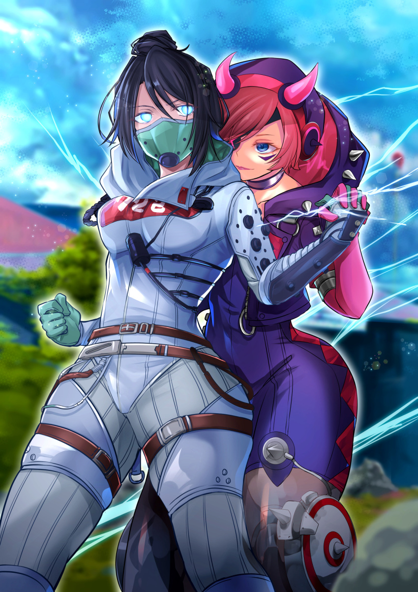 2girls apex_legends black_bodysuit black_jacket blue_eyes bodysuit breasts clenched_hand commission cyber_punked_wattson electricity glowing glowing_eyes highres holding_hands hood hooded_jacket horns hug hug_from_behind huleito jacket looking_to_the_side mask mechanical_legs medium_breasts mouth_mask multiple_girls official_alternate_costume olympus_(apex_legends) one_eye_covered pink_hair quarantine_722_wraith skeb_commission wattson_(apex_legends) white_bodysuit wide_hips wraith_(apex_legends)