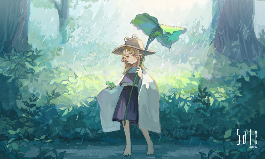 1girl artist_name barefoot blonde_hair blush bush closed_mouth commentary_request eyebrows_behind_hair forest frog full_body hair_ribbon hat leaf_umbrella long_hair long_sleeves looking_at_viewer making-of_available moriya_suwako nature outdoors puddle purple_skirt purple_vest rain red_ribbon ribbon sate_usazirou shirt skirt skirt_set sleeves_past_fingers sleeves_past_wrists smile solo standing touhou vest water_drop white_shirt wide_sleeves yellow_eyes yellow_headwear
