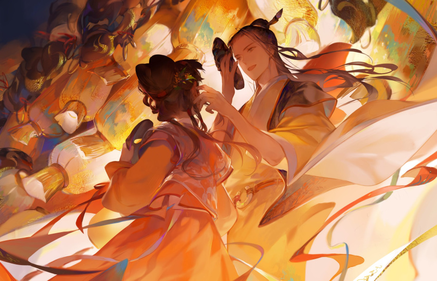 1boy 1girl brown_hair chinese_clothes coat facing_up from_below hair_bun hair_ornament hair_pulled_back hair_tubes half_updo hands_up hanfu height_difference highres holding holding_mask lantern long_hair long_sleeves looking_at_another looking_down mask mask_removed one_hundred_scenes_of_jiangnan paper_lantern reaching ribbon sash shuaigegentou sidelocks single_hair_bun smile updo vest wide_sleeves