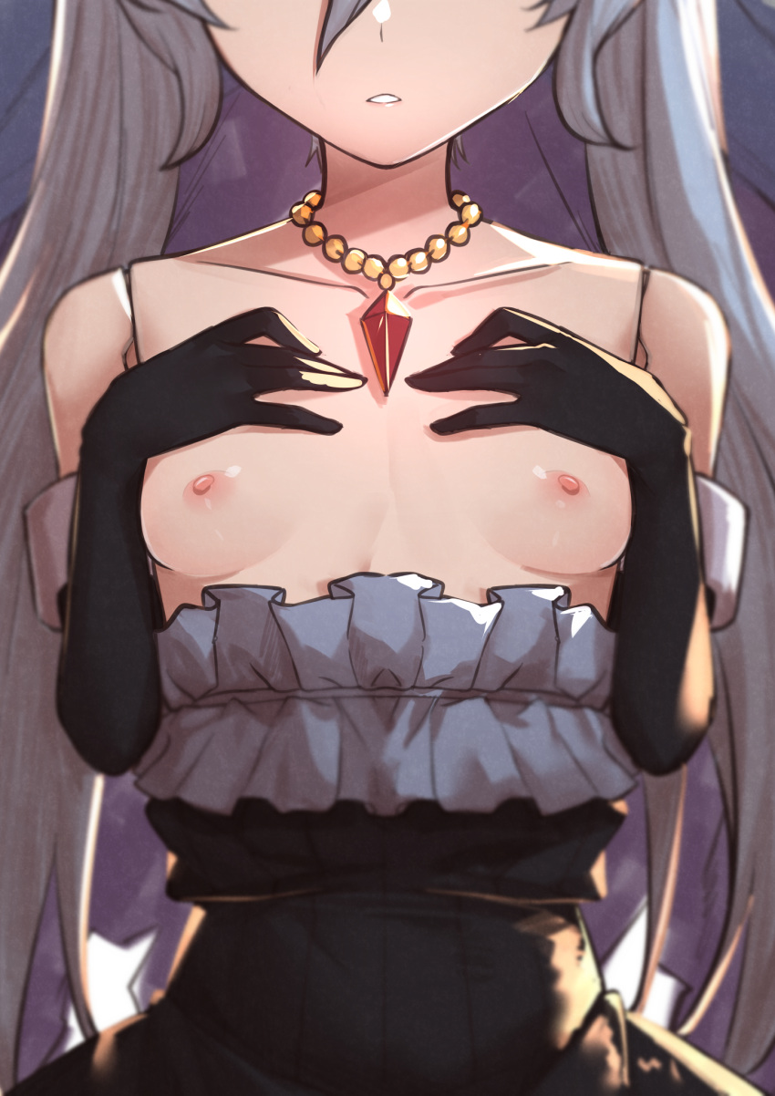 1girl black_gloves breasts breasts_out elbow_gloves gloves granblue_fantasy head_out_of_frame highres long_hair morisobo nipples no_bra orchis simple_background solo very_long_hair white_background