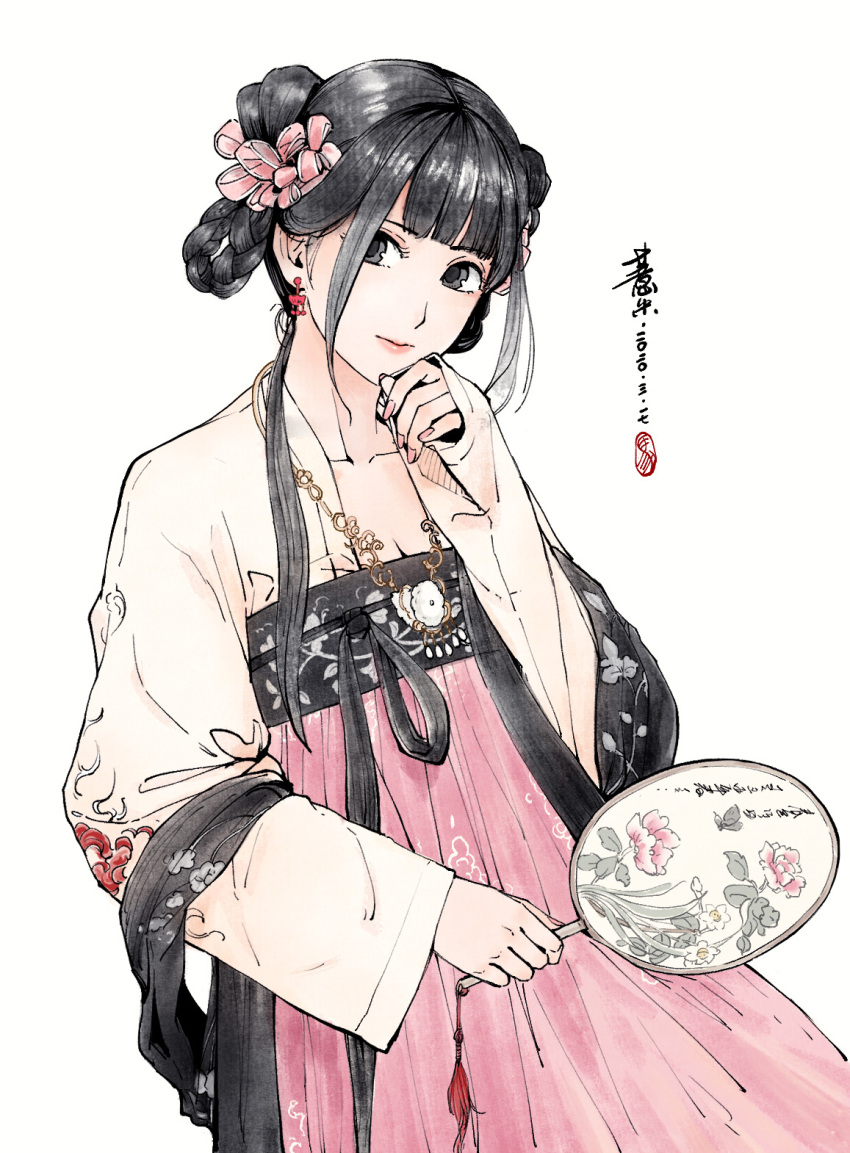 1girl adioxox bangs black_eyes black_hair blunt_bangs braid chinese_clothes closed_mouth cowboy_shot earrings flat_chest hair_ribbon hair_rings hand_fan hand_fan_writing hand_up hanfu highres holding holding_fan jewelry long_hair long_sleeves looking_at_viewer mizura nail_polish necklace original pink_lips pink_nails pink_ribbon ribbon shawl simple_background solo white_background