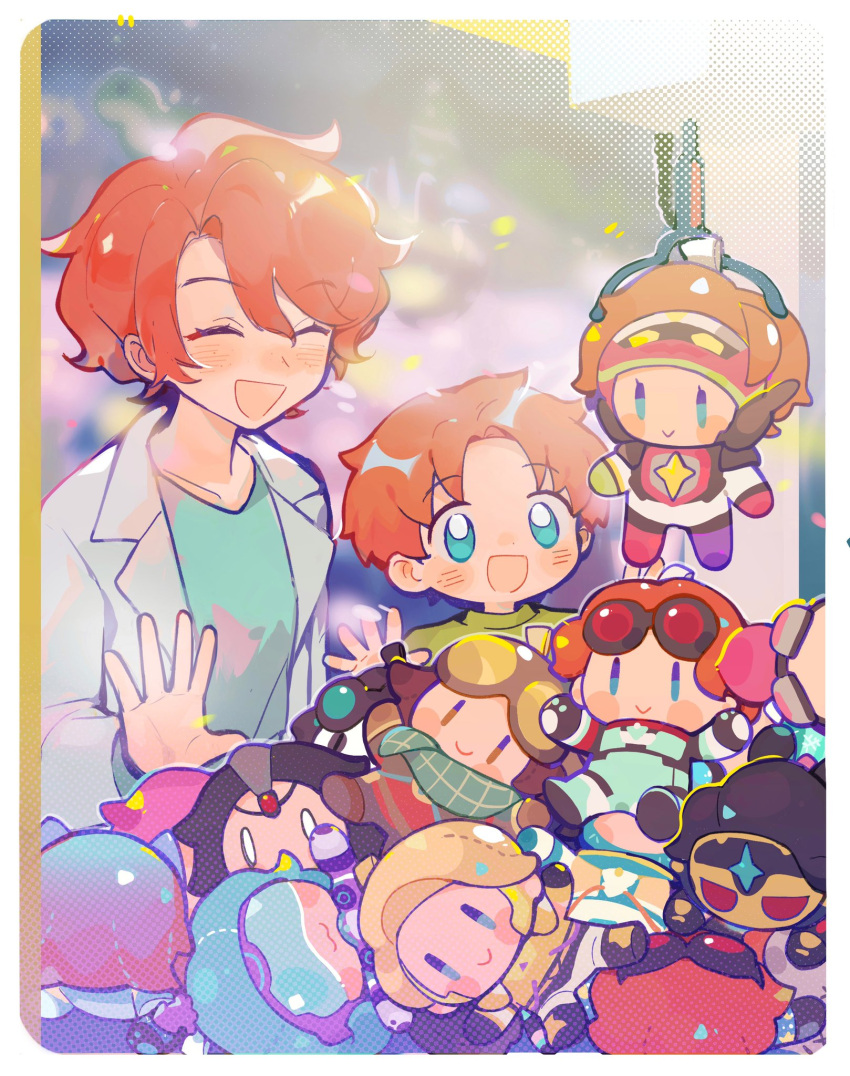 1boy 1girl ^_^ apex_legends bangs blue_eyes blue_shirt blush brave_hero_horizon character_doll closed_eyes collarbone crane_game dark_matter_horizon galactic_guardian_horizon highres horizon_(apex_legends) inverse_polarity_horizon jewel_of_olympus_horizon labcoat mother_and_son newton_somers open_hands open_mouth overfloater_horizon parted_bangs rising_storm_horizon shirt smile yuuu_(maruunaka)