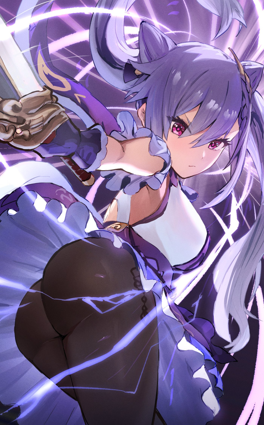 1girl :/ ass brown_legwear closed_mouth cone_hair_bun double_bun expressionless floating_hair frilled_skirt frills genshin_impact gloves hair_between_eyes hair_bun highres keqing_(genshin_impact) long_hair looking_back pantyhose purple_eyes purple_hair raw_egg_lent shirt skirt sleeveless sleeveless_shirt solo v-shaped_eyebrows wrist_cuffs