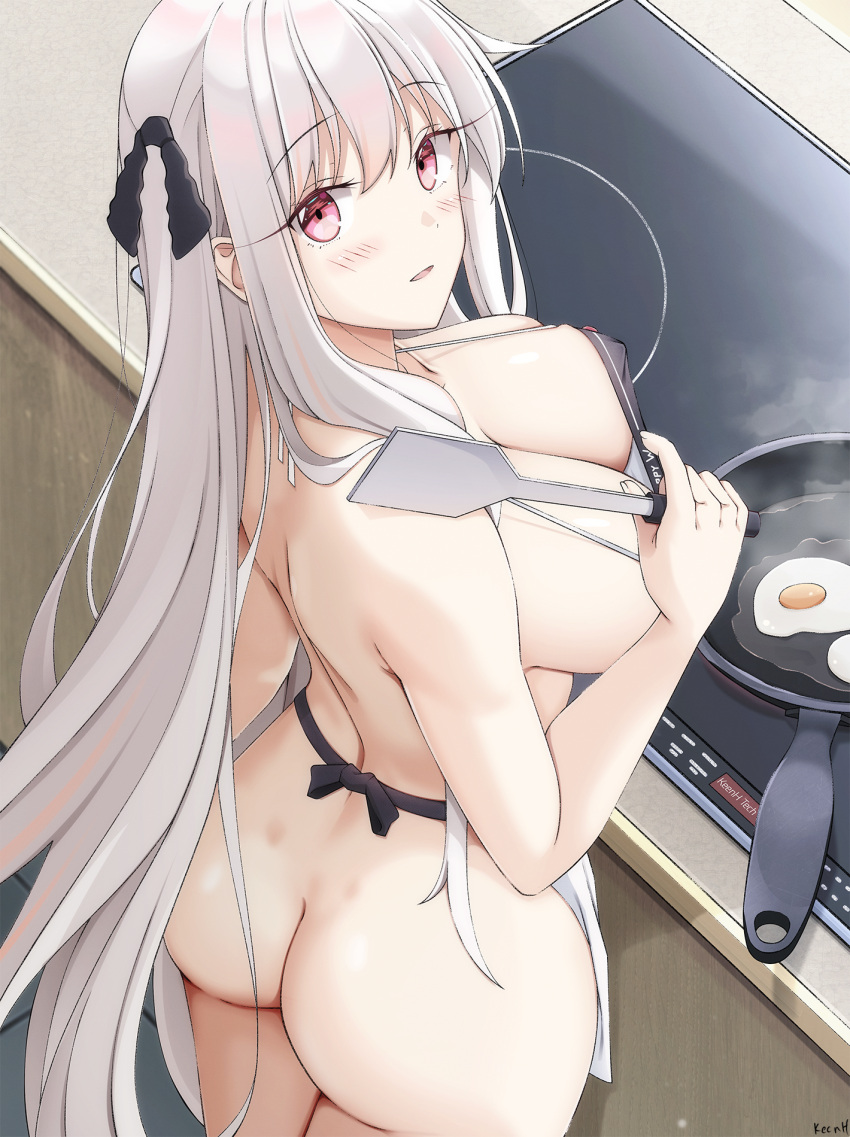 1girl apron artist_name ass bangs bare_arms bare_back bare_shoulders blush breasts cleavage cooking covered_nipples cowboy_shot dimples_of_venus egg fried_egg from_behind frying_pan girls'_frontline hair_ribbon hand_up highres holding holding_spatula indoors kar98k_(girls'_frontline) keenh kitchen large_breasts long_hair looking_at_viewer looking_back naked_apron parted_lips red_eyes ribbon shoulder_blades solo spatula standing stove very_long_hair white_hair