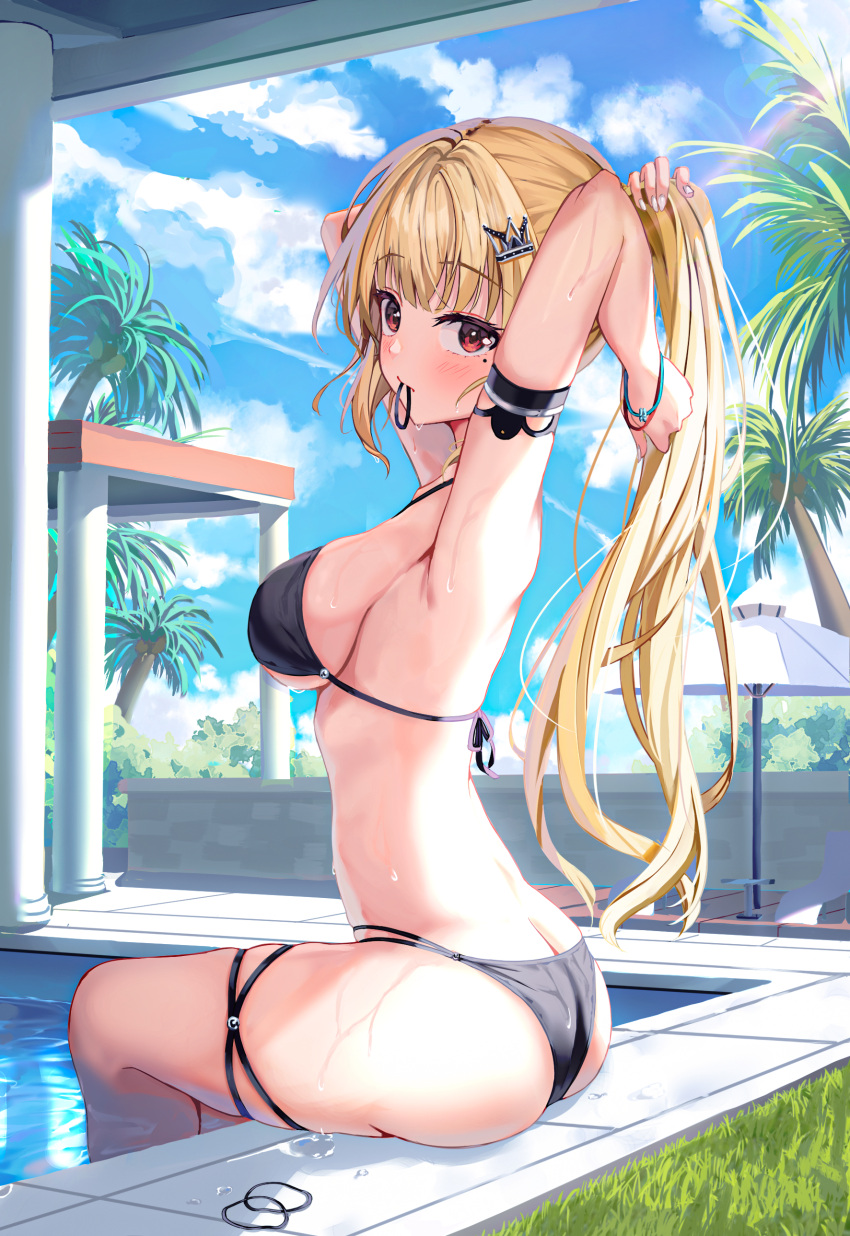 1girl absurdres arm_strap armpits arms_behind_head arms_up ass bare_shoulders bikini black_bikini blonde_hair breasts commission cream_(cream) crown_hair_ornament day from_side ha_en hair_ornament hair_tie_in_mouth halter_top halterneck highres long_hair looking_at_viewer looking_to_the_side medium_breasts mole mole_under_eye mouth_hold multi-strapped_bikini original outdoors ponytail poolside red_eyes second-party_source sitting solo string_bikini swimsuit thigh_strap thighs water wet