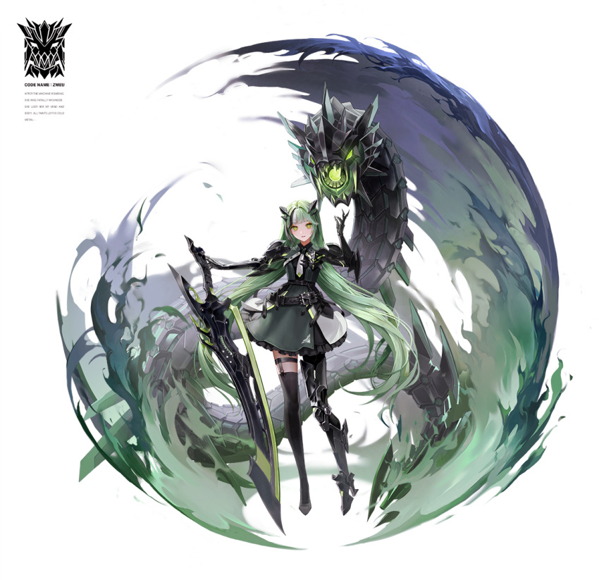 1girl daeraeband dress full_body green_dress green_eyes green_hair holding holding_sword holding_weapon long_hair looking_at_viewer original parted_lips prosthesis prosthetic_arm prosthetic_leg single_thighhigh solo standing sword thighhighs weapon white_background