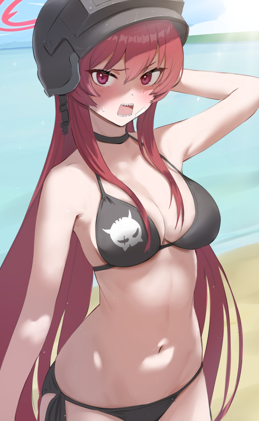 1girl absurdres altyn_helmet arm_up bandaid bandaid_on_face beach bikini black_bikini blue_archive blush choker dai00888 embarrassed fangs halo helmet highres long_hair military_helmet ocean rabu_(blue_archive) red_eyes red_hair skull_print solo string_bikini swimsuit tsurime