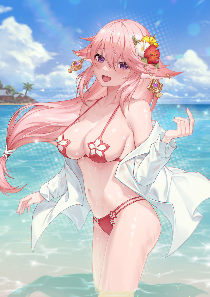 1girl animal_ears armpit_crease bare_shoulders bikini blue_sky blush breasts cloud cloudy_sky collarbone cowboy_shot dress_shirt earrings floating_hair floppy_ears flower from_side genshin_impact hair_flaps hair_flower hair_ornament halterneck happy hibiscus highres horizon jewelry large_breasts leaf98k long_hair long_sleeves low_ponytail multi-strapped_bikini navel ocean off_shoulder open_clothes open_mouth open_shirt outdoors pink_hair purple_eyes red_bikini shirt sky smile solo sparkle standing stomach string_bikini swimsuit tree wading water wet white_flower white_shirt yae_miko