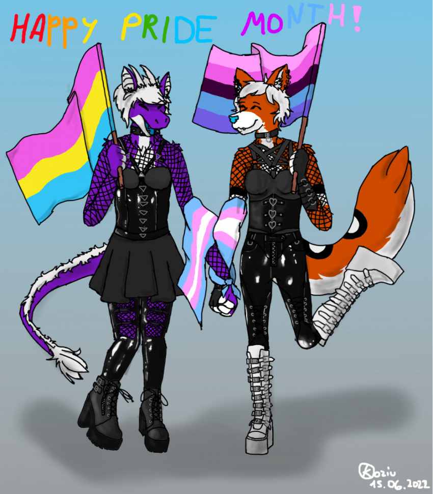 anthro black_body black_fur blue_nose blue_tongue canid canine canis clothing collar corset demonias dragon duo female female/female flag fur furred_dragon gloves goth goth_boots goth_clothing hair handwear hi_res horn koziu koziu_(artist) leather leather_clothing leather_corset leather_lingerie leather_topwear lgbt_pride lingerie mammal omnisexual_pride_colors orange_body orange_fur pansexual_pride_colors pride_colors purple_body purple_fur red_wolf sehvimnek text tongue topwear transgender_pride_colors vinyl vinyl_corset vinyl_legwear white_body white_fur white_hair wolf