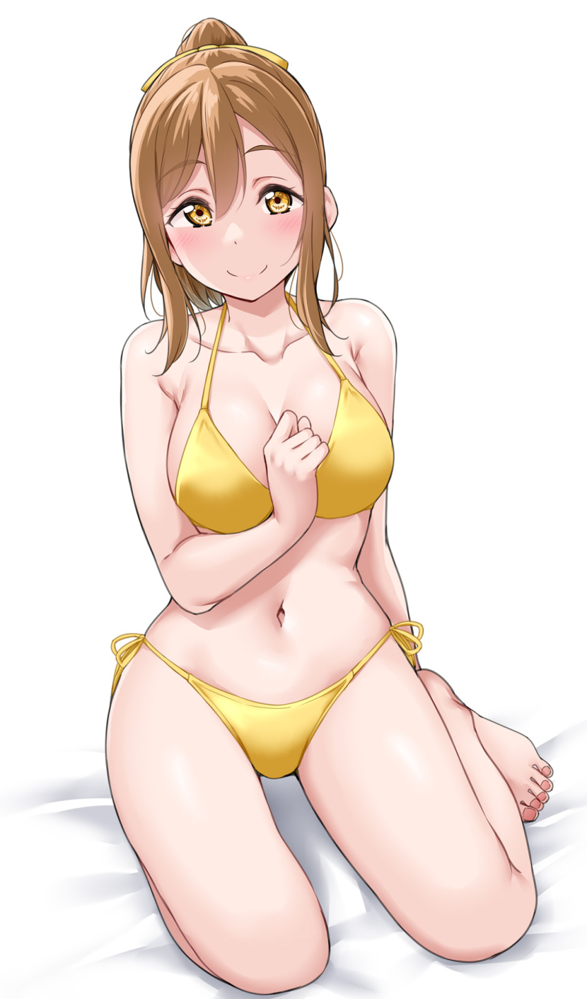 1girl alternate_hairstyle bangs barefoot bed_sheet bikini blush breasts brown_eyes brown_hair closed_mouth collarbone commentary_request full_body hair_between_eyes hand_up highres kunikida_hanamaru large_breasts looking_at_viewer love_live! love_live!_sunshine!! navel ponytail side-tie_bikini sidelocks simple_background sitting smile solo stomach swimsuit thighs toes white_background yellow_bikini yopparai_oni
