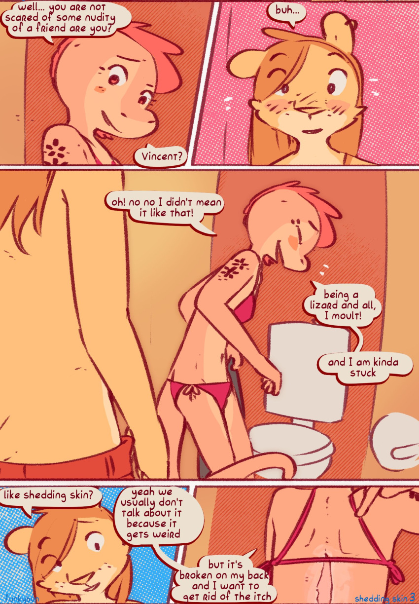 anthro arm_tattoo bathroom blush brown_hair clothing comic dialogue duo felid female funkybun hair hi_res lion lizard long_hair male mammal maya_(funkybun) molting pantherine pink_body pink_skin public_restroom reptile restroom_stall scalie skin_shedding speech_bubble swimwear tattoo text toilet vincent_(funkybun)