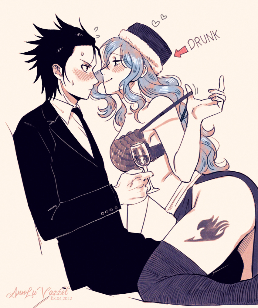 1boy 1girl annlu_vazzel artist_name black_bra black_hair blue_hair blue_skirt bra breasts cup dated drinking_glass fairy_tail flying_sweatdrops formal gray_fullbuster hat heart hetero highres juvia_lockser medium_breasts necktie skirt smile strap_pull suit sweat thighhighs underwear wine_glass