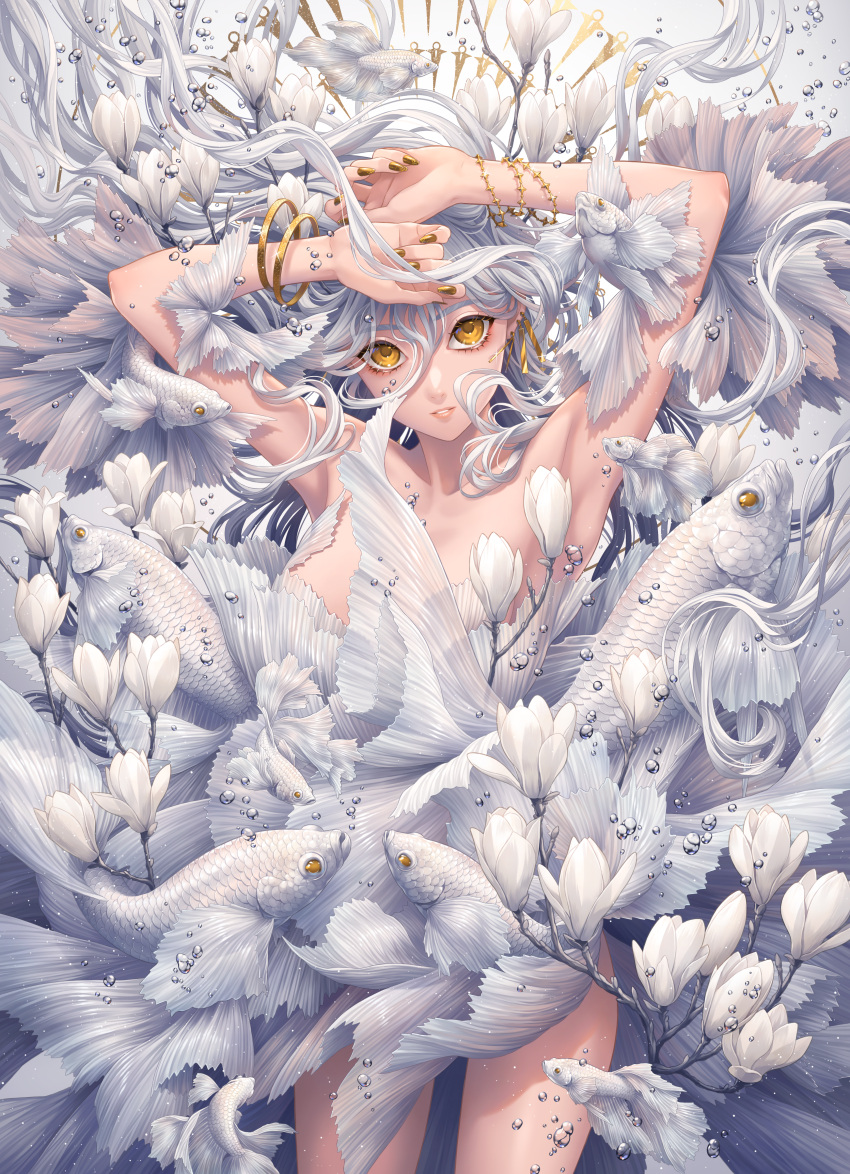 1girl absurdres armpits arms_up bare_shoulders bracelet bubble fish floating_hair flower gold_nails hair_between_eyes highres jewelry long_hair looking_at_viewer magnolia minami_(minami373916) original parted_lips plant shadow smile solo white_flower white_hair yellow_eyes