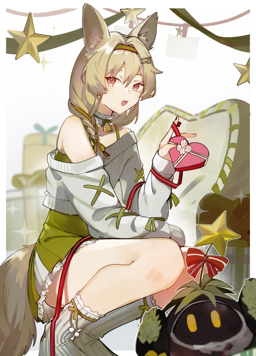 1girl :d absurdres animal arknights beanstalk_(arknights) beanstalk_(gift_uncompleted)_(arknights) bell box braid collar crab cropped_sweater dress frilled_collar frills green_dress green_hairband green_ribbon hair_ornament hair_ribbon hairband hairclip heart-shaped_box highres holding holding_box hyena_ears hyena_girl hyena_tail long_sleeves looking_at_viewer metal_collar neck_bell off-shoulder_sweater off_shoulder open_mouth red_eyes ribbon rippajun simple_background smile solo squatting star_(symbol) star_hair_ornament sweater white_background white_collar white_socks white_sweater