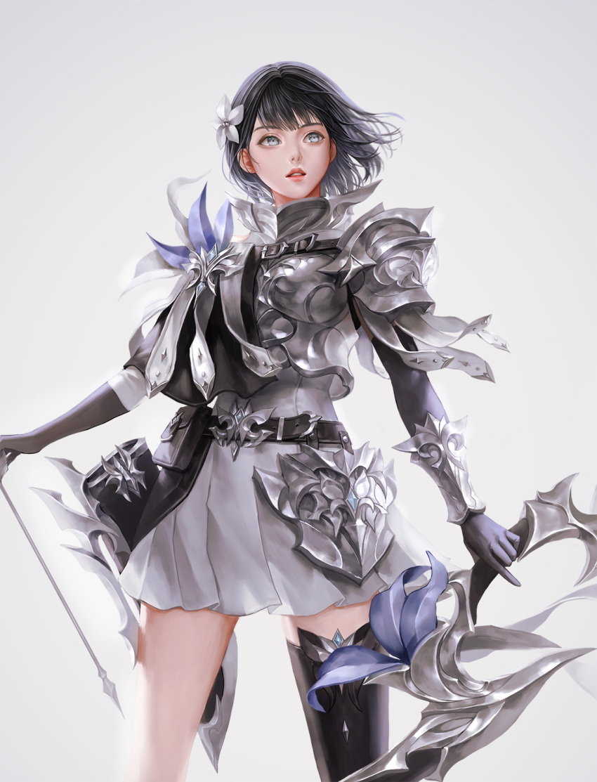 1girl armor arrow_(projectile) bangs black_hair bow_(weapon) cowboy_shot daeraeband dress grey_background grey_eyes highres holding holding_bow_(weapon) holding_weapon korean_commentary medium_hair nose original parted_lips pauldrons quiver shoulder_armor single_thighhigh solo thighhighs weapon white_dress