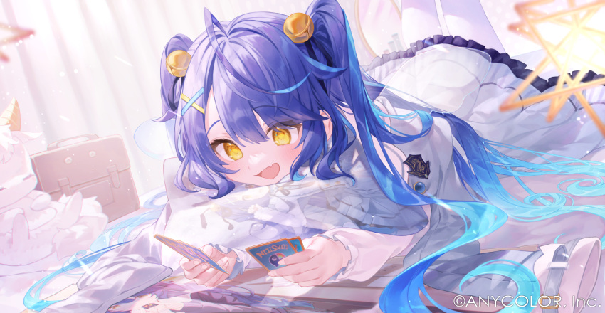 1girl :d ahoge amamiya_kokoro bangs bell blue_hair card colored_inner_hair dress feet_up frilled_dress frills hair_bell hair_between_eyes hair_ornament highres holding holding_card indoors jingle_bell long_hair long_sleeves lying multicolored_hair nijisanji official_art on_bed on_stomach pantyhose rin31153336 smile solo twintails virtual_youtuber white_dress white_pantyhose x_hair_ornament yellow_eyes