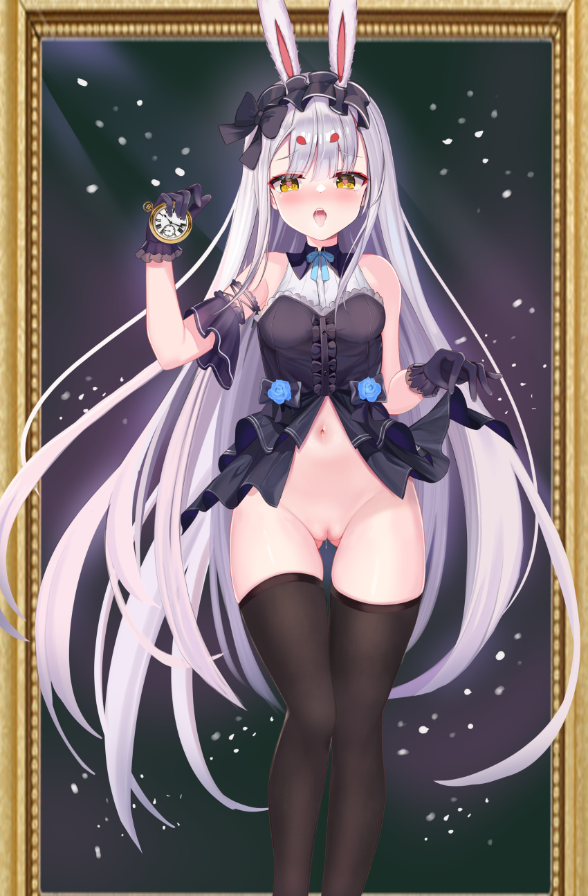 1girl absurdres animal_ears ass_visible_through_thighs azur_lane bangs bare_shoulders black_legwear blue_dress blue_gloves blush bottomless breasts dress drooling frilled_gloves frills fuying_sanbing gloves heart heart-shaped_pupils heavy_breathing highres holding holding_pocket_watch light_purple_hair long_hair navel no_panties no_pants pocket_watch pussy pussy_juice rabbit_ears saliva shimakaze_(azur_lane) shimakaze_(the_white_rabbit_of_wonderland)_(azur_lane) small_breasts solo standing stomach symbol-shaped_pupils thigh_gap thighhighs thighs tongue tongue_out very_long_hair watch yellow_eyes