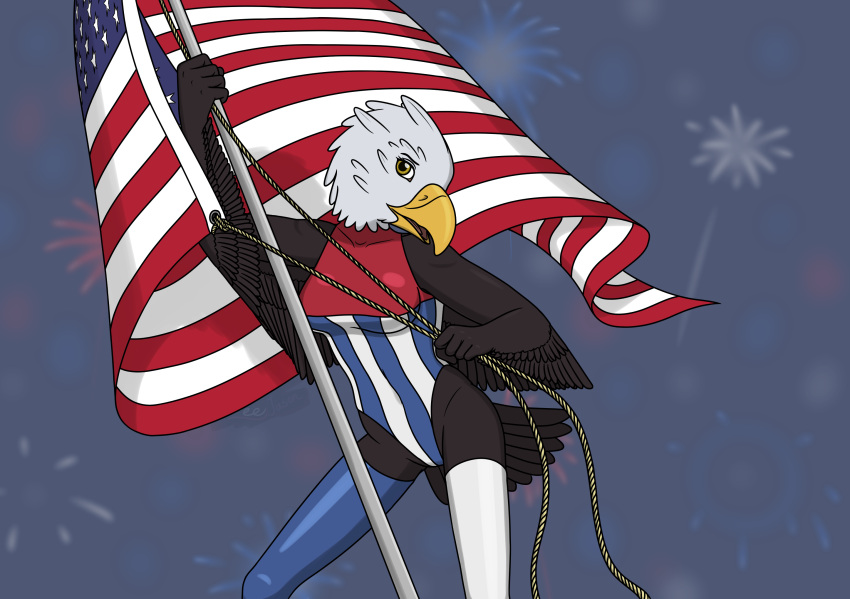 2021 4th_of_july accipitrid accipitriform anthro avian bald_eagle beak biped bird breasts brown_body brown_feathers clothed clothing digital_media_(artwork) eagle feathers female fireworks flag_(object) flag_print fully_clothed hi_res holding_object howler951753 multicolored_body multicolored_feathers open_mouth plantigrade rubber rubber_clothing sea_eagle signature simple_background solo stars_and_stripes tongue two_tone_body two_tone_feathers united_states_of_america yellow_beak