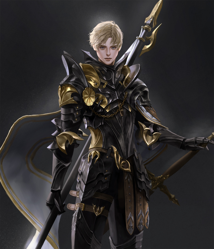 1boy armor black_armor blonde_hair chain closed_mouth cowboy_shot daeraeband grey_eyes highres korean_commentary looking_at_viewer male_focus nose original short_hair solo sword weapon