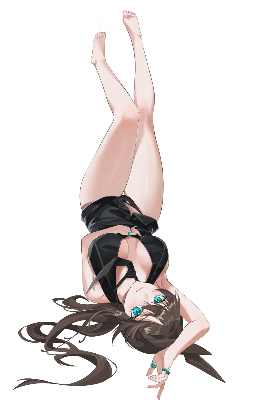 1girl absurdres alternate_costume amiya_(arknights) animal_ears aqua_eyes arknights arm_up armpits bare_legs barefoot black_dress breasts brown_hair cleavage closed_mouth clothes_lift dress dress_lift full_body hands_on_own_stomach highres jewelry large_breasts legs_up long_hair looking_at_viewer lying multiple_rings on_back qingtiana rabbit_ears ring simple_background sleeveless sleeveless_dress smile thigh_gap upside-down upskirt white_background