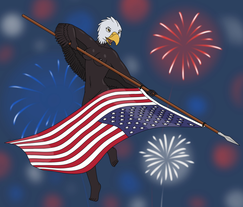 2020 4th_of_july 5_toes absurd_res accipitrid accipitriform anthro avian bald_eagle barefoot beak biped bird breasts brown_body brown_feathers convenient_censorship digital_media_(artwork) eagle feathers feet female fireworks flag_(object) hi_res holding_object holding_weapon howler951753 melee_weapon multicolored_body multicolored_feathers nude open_mouth plantigrade polearm sea_eagle signature simple_background solo spear stars_and_stripes tail_feathers toes tongue two_tone_body two_tone_feathers united_states_of_america weapon white_body white_feathers yellow_beak
