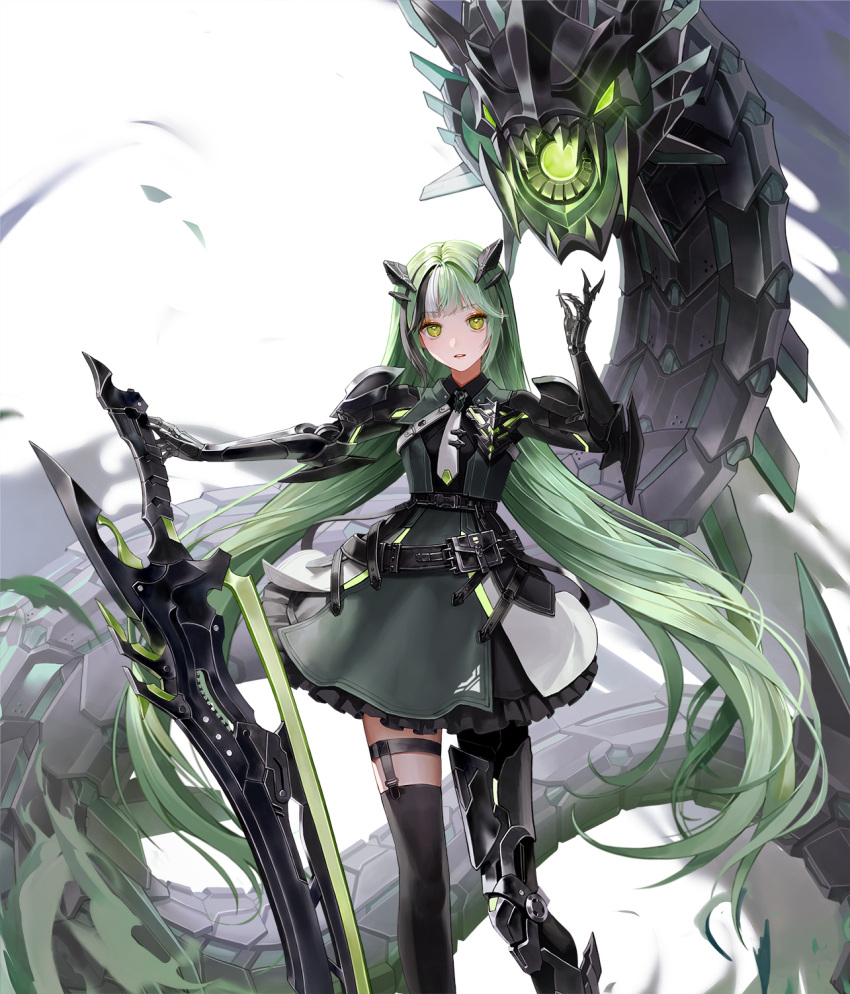 1girl cropped daeraeband dress green_dress green_eyes green_hair highres holding holding_sword holding_weapon long_hair looking_at_viewer original parted_lips prosthesis prosthetic_arm prosthetic_leg single_thighhigh solo standing sword thighhighs weapon white_background