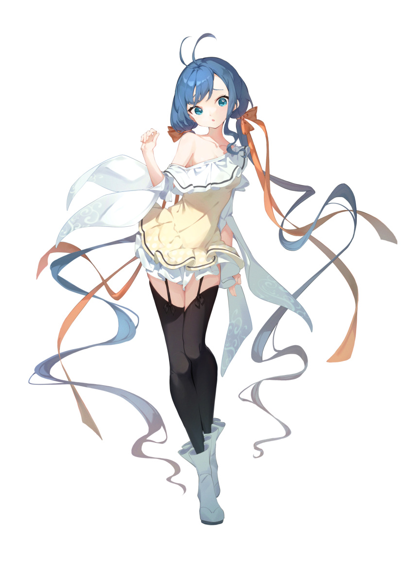 1girl :o absurdly_long_hair absurdres antenna_hair bangs black_thighhighs blue_eyes blue_hair breasts dress frilled_dress frills full_body garter_straps hair_ribbon highres long_hair looking_at_viewer mishuo_(misuo69421) off_shoulder orange_ribbon original parted_lips ribbon shoes simple_background single_bare_shoulder small_breasts solo twintails very_long_hair white_background yellow_dress